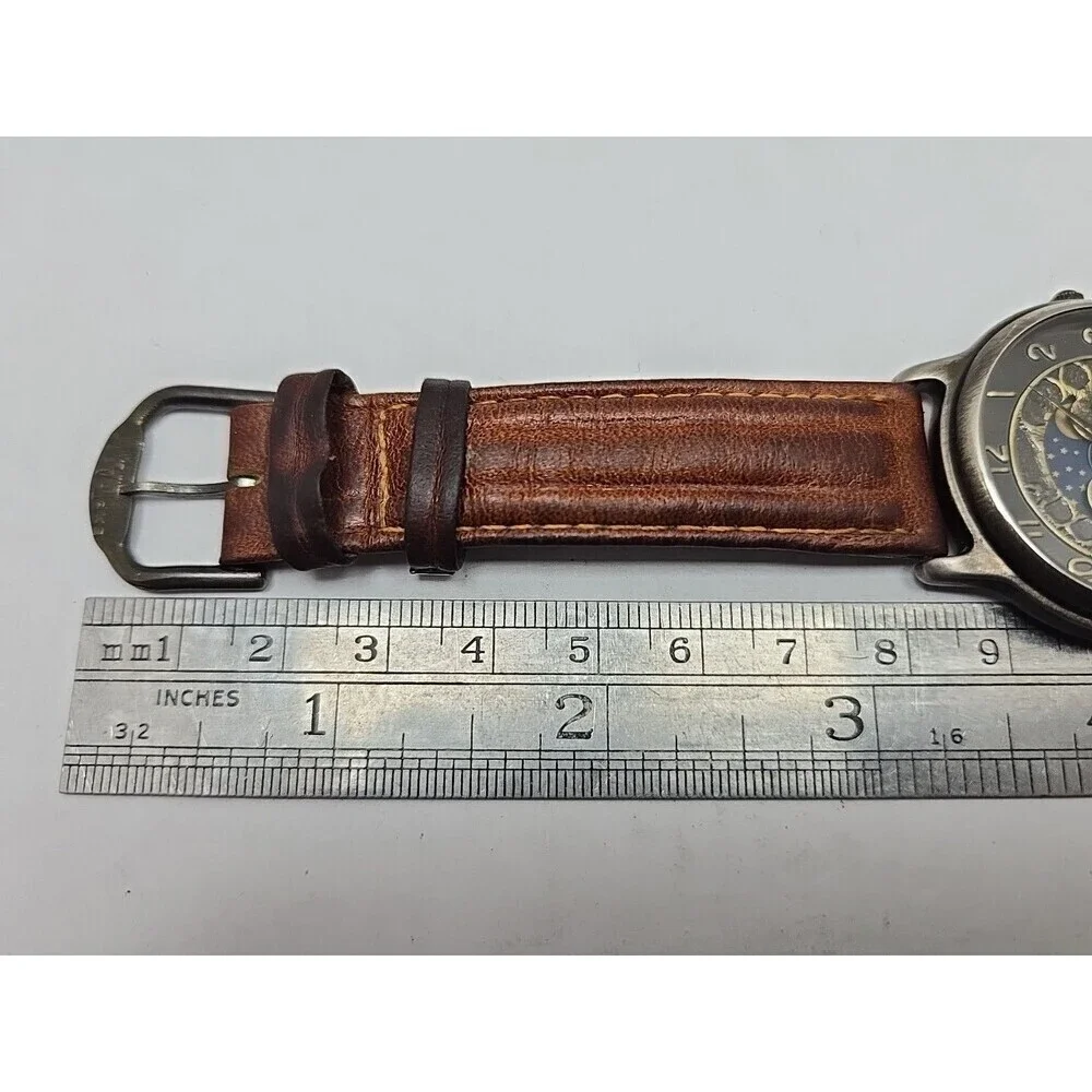 LA Express Moon And Stars Quartz Watch Day Night Date Brown Leather New Battery